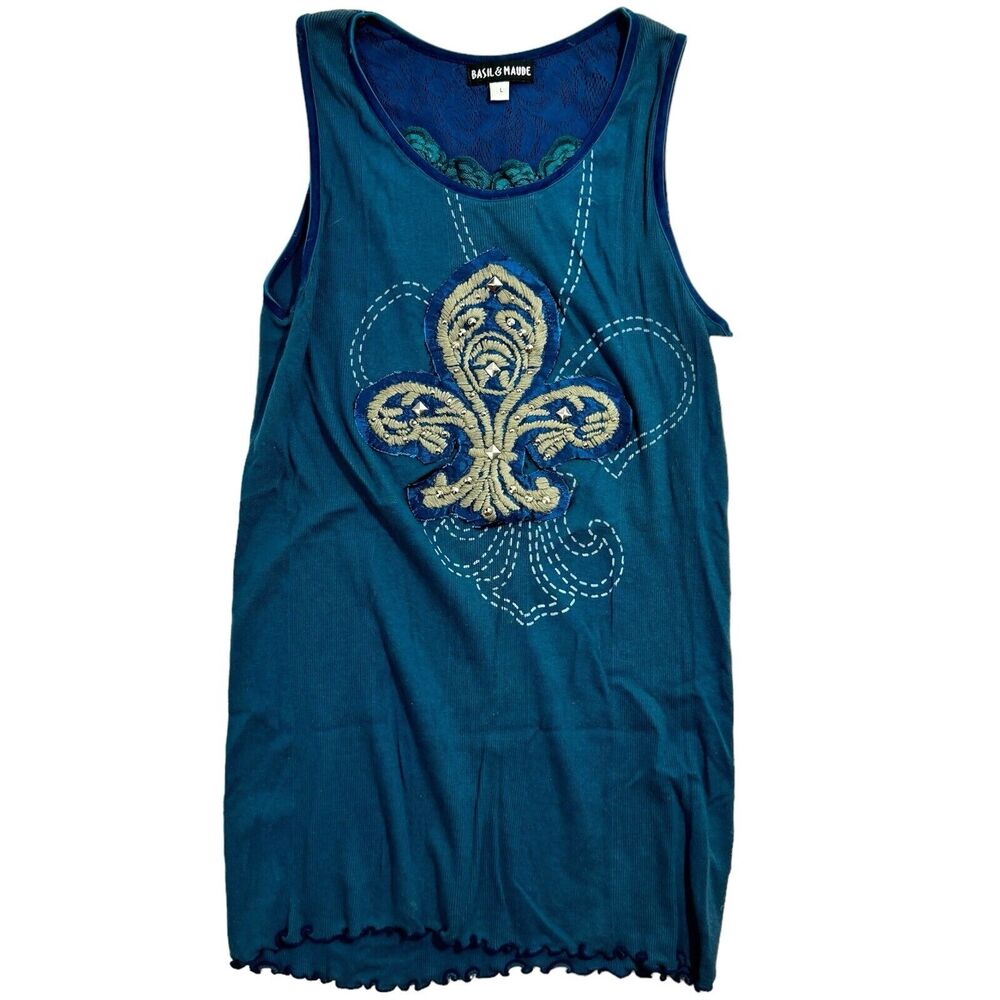 Basil & Maude Blue Green VTG Tank Top Y2K Tattoo Embroidered Lace Style Womans L